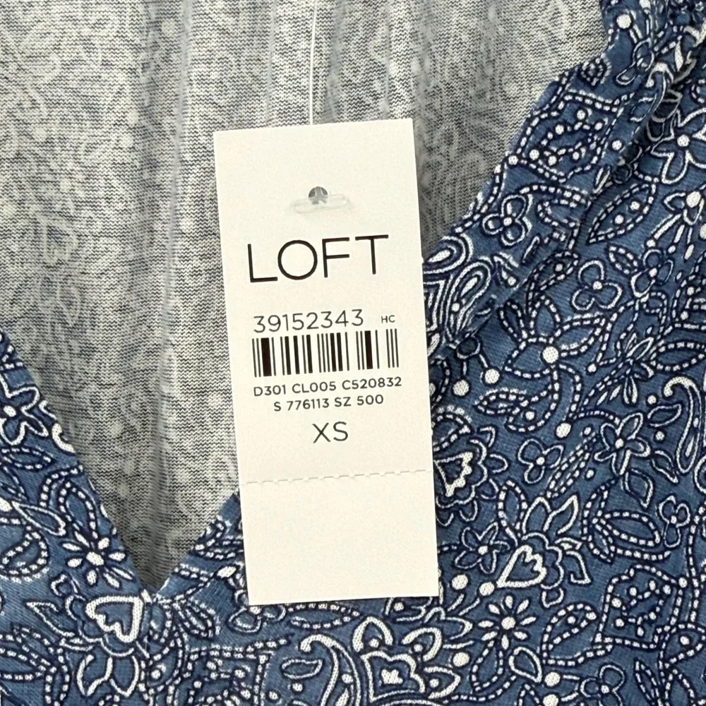 NWT LOFT‎ Blue Paisley Puff Sleeve Split Neck Rayon Top Women XS Boho